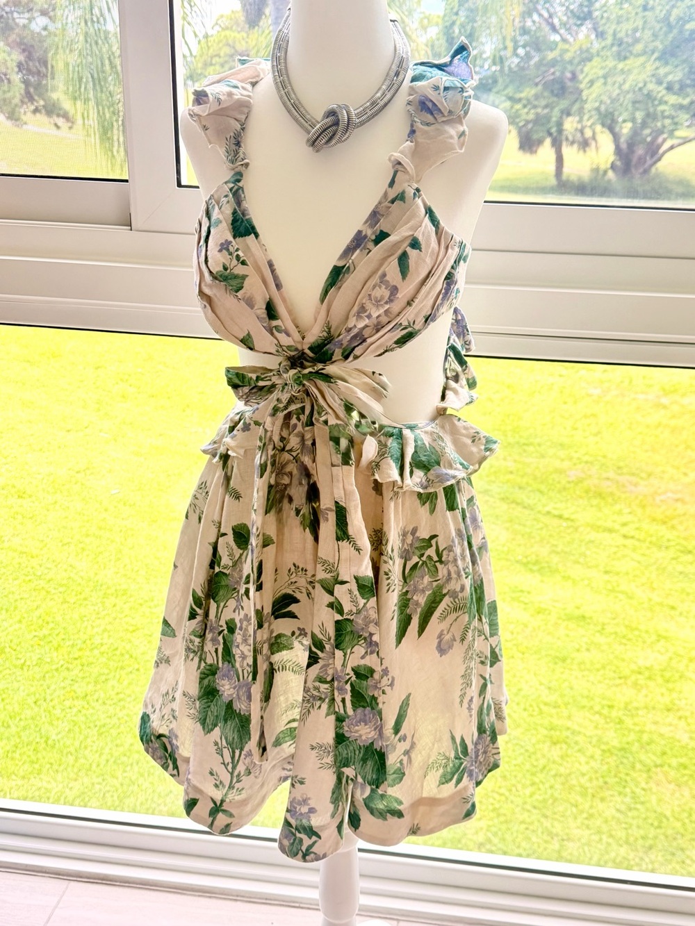Zimmermann Cream Mini Dress with Green and Lavender Floral Print